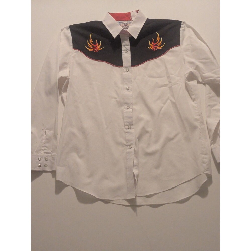 ELY COUNTRY CHARMERS  womens‎ L BLAZE WHITE western shirt pearlized snaps EUC